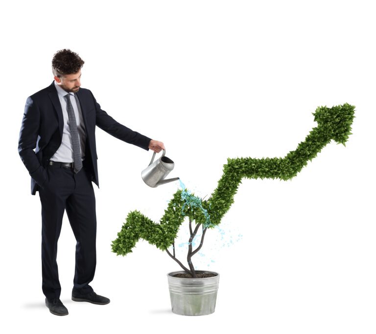 businessman that watering plant with shape arrow