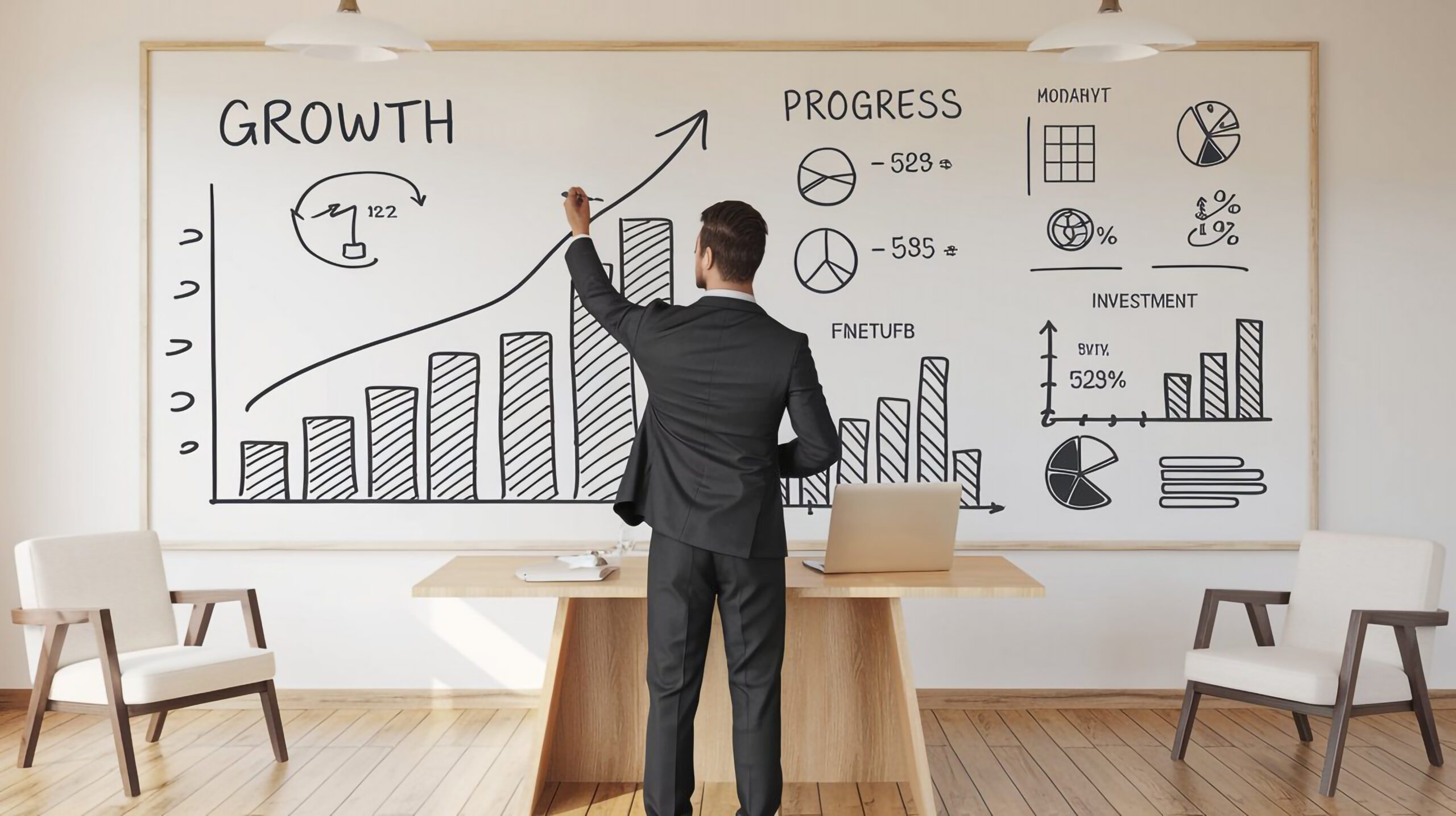 man suit stands front whiteboard with word growth it scaled